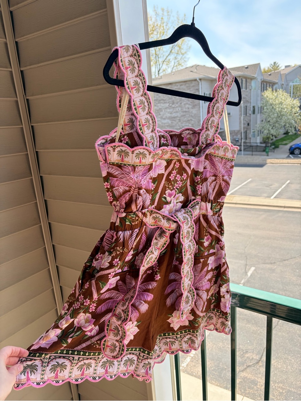 🆕🌿🌸FARMRio Palm Dream Brown Linen Romper M Tropical Floral Scalloped Trim Resort - Picture 6 of 17